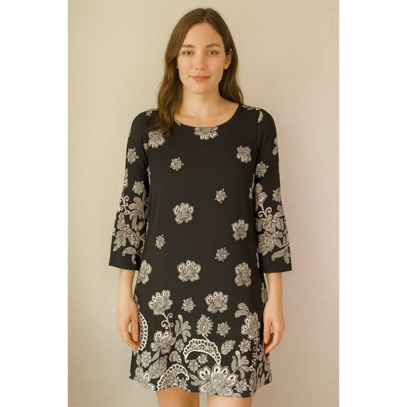 Neiman Marcus Black‎ Floral Print Bell Sleeve Dress Womens Size S - Picture 1 of 6